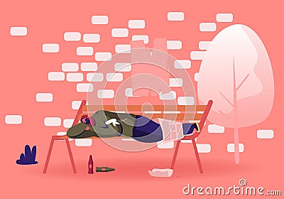 Homeless Bum Poor Male Depressed Character in Dirty Ragged Clothes Sleeping on Bench in City Park Vector Illustration