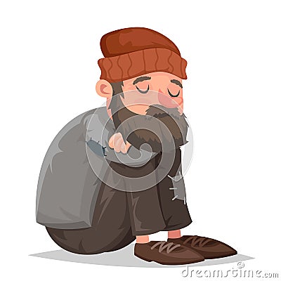 Homeless bum poor male depressed character isolated icon cartoon design vector illustration Vector Illustration