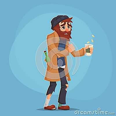 Homeless Poor man adult beg money and need help isolated Cartoon Design Vector Illustration social problem poverty misery Stock Photo