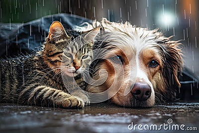 Homeless Cat and Dog Lying Together During Rain Outside Stock Photo