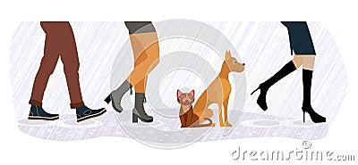 Homeless cat and dog between men and women feet Vector Illustration