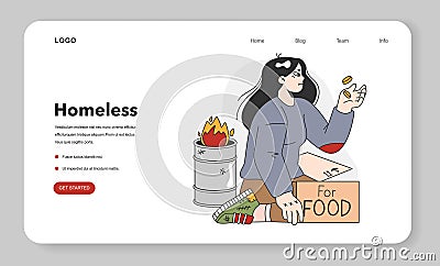 Homeless character. Female beggar wearing ragged and dirty clothes Vector Illustration