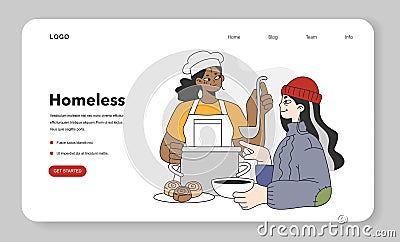 Homeless character food charity. Female beggar wearing ragged and dirty Vector Illustration