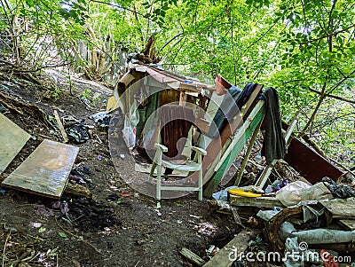 Homeless dwelling. Small habitation made from garbage Stock Photo