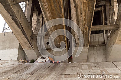 Homeless encampment under bridge in Los Angeles Editorial Stock Photo