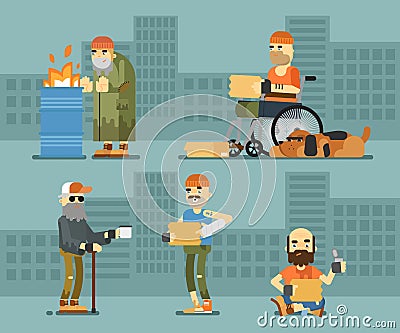 Homeless hungry beggar begs for money set Vector Illustration