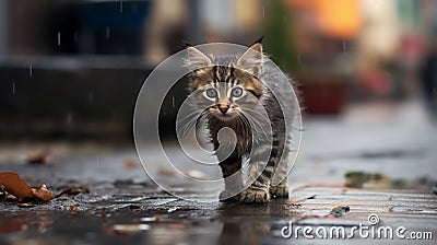 Homeless kitten on the street. Small kitten on a dirty street, close-up Stock Photo