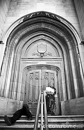 Homeless Man On Church Steps Editorial Stock Photo