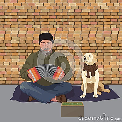 Homeless man with Dog. Shaggy man in dirty rags playing the accordion harmony. Asking for help. Vector illustration. Vector Illustration