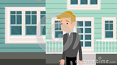 Homeless man in front of a building Vector Illustration