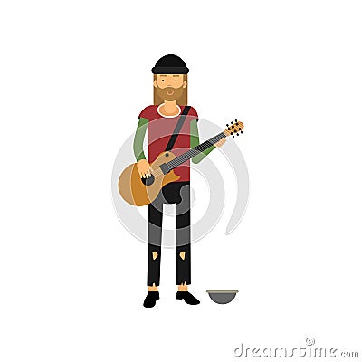 Homeless man playing guitar on the street, unemployment person needing for help cartoon vector illustration Vector Illustration