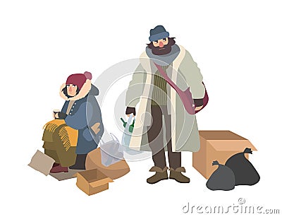 Homeless man and woman begging for money on street. Pair of bums, beggars, vagrants or vagabonds. Poor male and female Vector Illustration