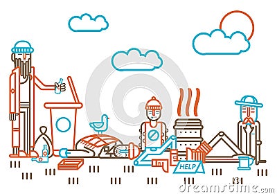 Homeless people and beggars on street vector flat line design Vector Illustration