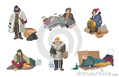 Homeless people. cartoon flat characters set illustration. Vector Illustration