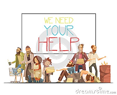 Homeless People Cartoon Style Illustration Vector Illustration