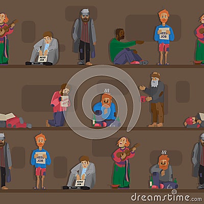Homeless people characters cadger set unemployment men needing help bums and hobos stray vector seamless pattern Vector Illustration