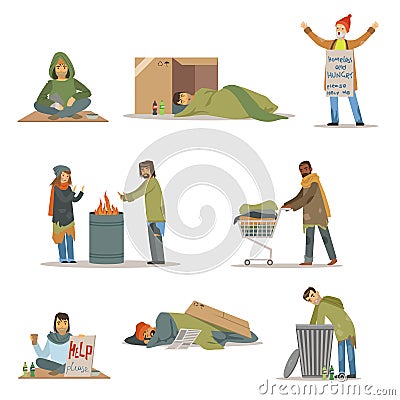 Homeless people characters set. Unemployment men needing help vector illustrations Vector Illustration