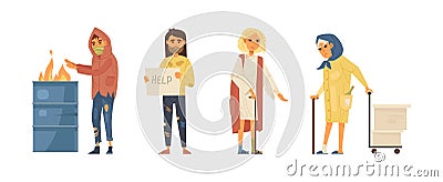 Homeless people concept. Unemployed homeless people without housing on the street. Elderly needing help. Vector Illustration