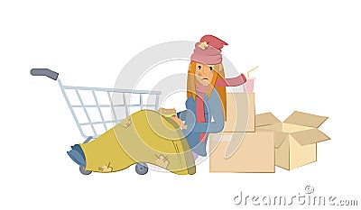 Homeless people concept. Young woman begging money and needing help. Homeless unemployment young tired girl in rags sitting among Vector Illustration