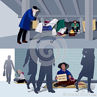 Homeless People Flat Compositions Vector Illustration