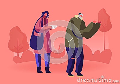 Homeless People Getting Warm Food from Volunteers. Voluntary and Donation Help to Bums. Shelter, Emergency Housing Vector Illustration