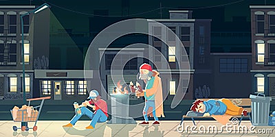 Homeless people in ghetto. Beggars and bums Life Vector Illustration