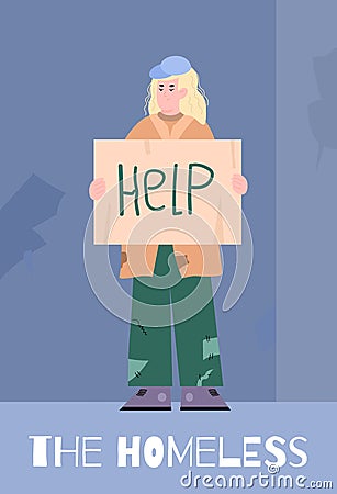 Homeless people help and support banner template cartoon vector illustration. Vector Illustration