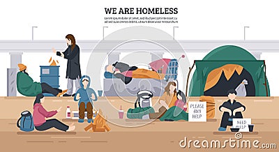 Homeless People Horizontal Background Vector Illustration