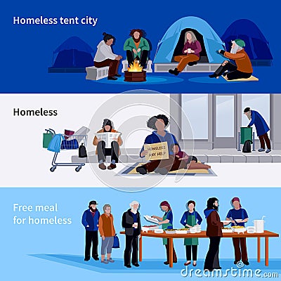 Homeless People Horizontal Banners Vector Illustration