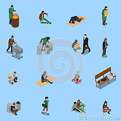 Homeless People Isometric Set Vector Illustration