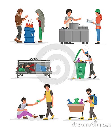 Homeless people lifestyle set vector donation charity hopeless desperate poverty person Vector Illustration