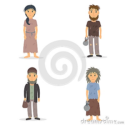 Homeless people - men and women set. Vector Illustration