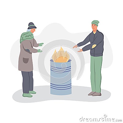 Homeless people warm themselves by the fire Vector Illustration