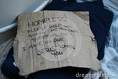 Homeless Person's Sign on NYC streets Stock Photo