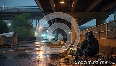 Homeless person sitting on a sidewalk under a bridge on a rainy evening, AI-generated. Stock Photo