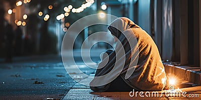 A homeless person wrapped in a blanket, sitting by the street side, casting a light on homelessness, concept of Stock Photo