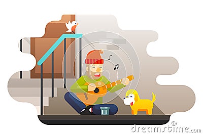 Homeless poor man plays guitar about hard life hunger cold asks for help compassion music dog street wall door bird Vector Illustration