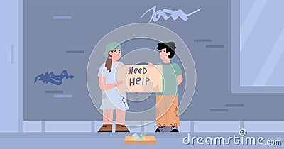 Homeless poor children in dirty clothes begging on street a vector illustration. Vector Illustration