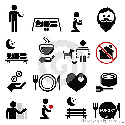 Homeless, poverty, man begging for money icons set Stock Photo