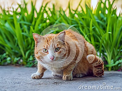 Homeless red-headed cat cat is looking at camera outdoors Stock Photo