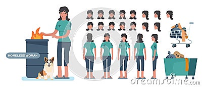 Homeless. Sad jobless woman in dirty clothes. character constructor for animation creation cet. Front, side and back Vector Illustration