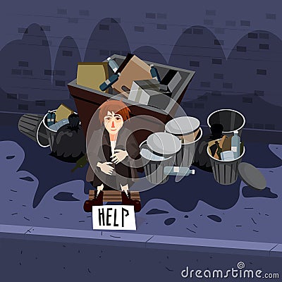 Homeless sad poor person young children kids beggars wearing dirty clothes character beg help money near the garbage Vector Illustration