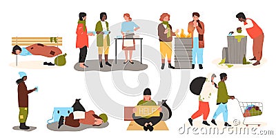 Homeless set, poor and dirty people sleeping on street and begging, warming by fire Vector Illustration