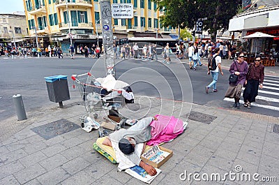 Homeless sleep in the street in Tel Aviv, Israel Editorial Stock Photo