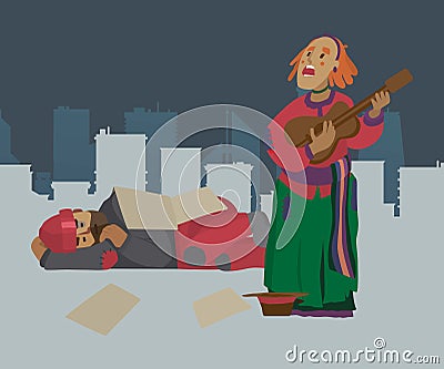Homeless street musician woman beggar on city street, asking for money and playing guitar. Panhandler, pauper, penury. A Vector Illustration