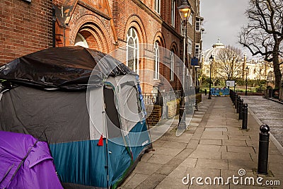 Homeless tents on Brighton street Stock Photo