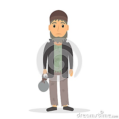 Homeless unemployed man in flat style. Vector Illustration