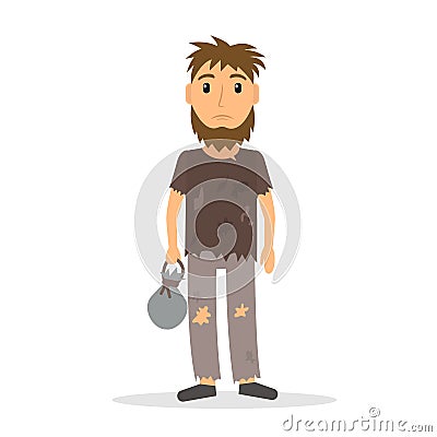 Homeless unemployed man in flat style. Vector Illustration