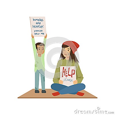 Homeless woman and boy begging in street asking for help, unemployment man needing help vector illustration Vector Illustration