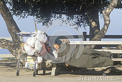 Homeless woman sleeping with shopping cart possessions, Santa Monica, California Editorial Stock Photo